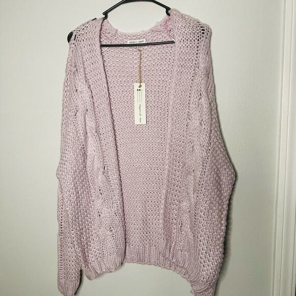 NWT Woven Heart Lavender Chunky Cable Oversized Fluffy Cardigan Sweater size S - Picture 1 of 11